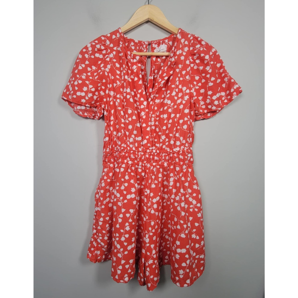 Anthropologie XS Linen Blend Short Sleeve Summer Casual Floral Romper Red White